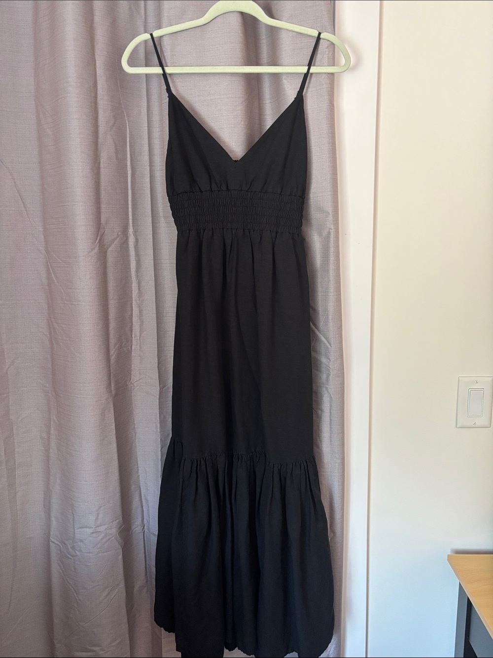 Women's Black Smocked Waist Spaghetti Strap Maxi Dress